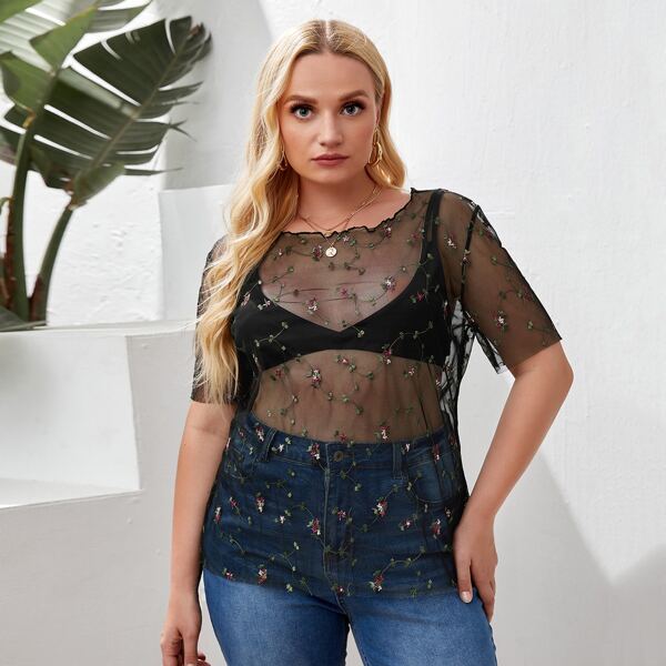 

Plus Embroidery Mesh Lettuce Trim Sheer Top Without Bra, Black