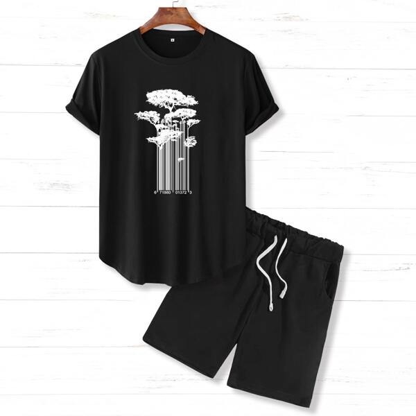 

Men Plants Print Tee & Drawstring Shorts, Black