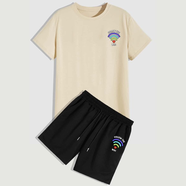 

Men Cartoon Graphic Tee & Drawstring Shorts, Multicolor