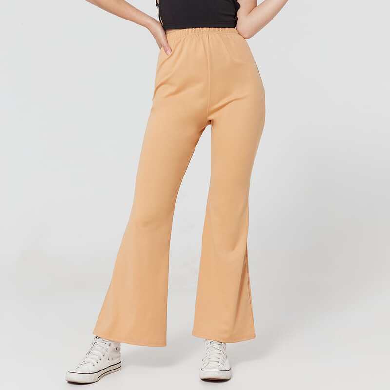 

Solid Ribbed Flared Pants, Khaki