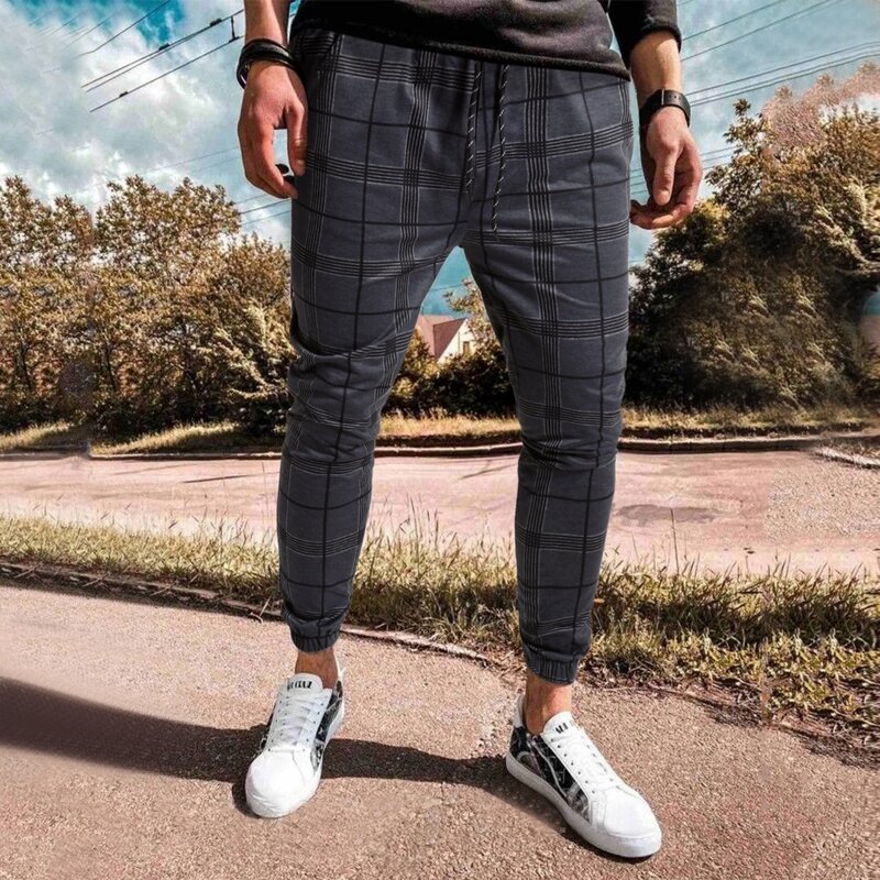 

Guys Plaid Print Drawstring Waist Sweatpants, Grey
