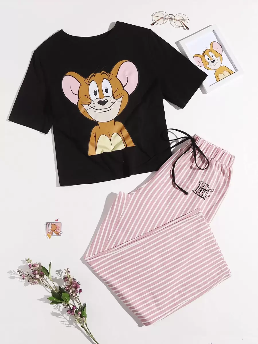 TOM & JERRY X SHEIN X TOM & JERRY卡通圖案上衣和條紋褲子睡衣套裝