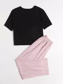 TOM & JERRY X SHEIN X TOM & JERRY卡通圖案上衣和條紋褲子睡衣套裝