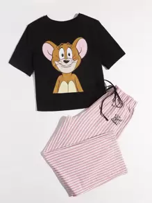 TOM & JERRY X SHEIN X TOM & JERRY卡通圖案上衣和條紋褲子睡衣套裝