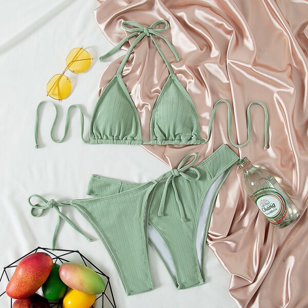 

3pack Halter Triangle Thong Bikini Swimsuit, Green