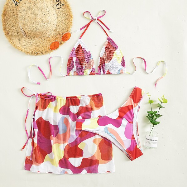

3pack Graphic Smocked Triangle Bikini Swimsuit & Beach Skirt, Multicolor