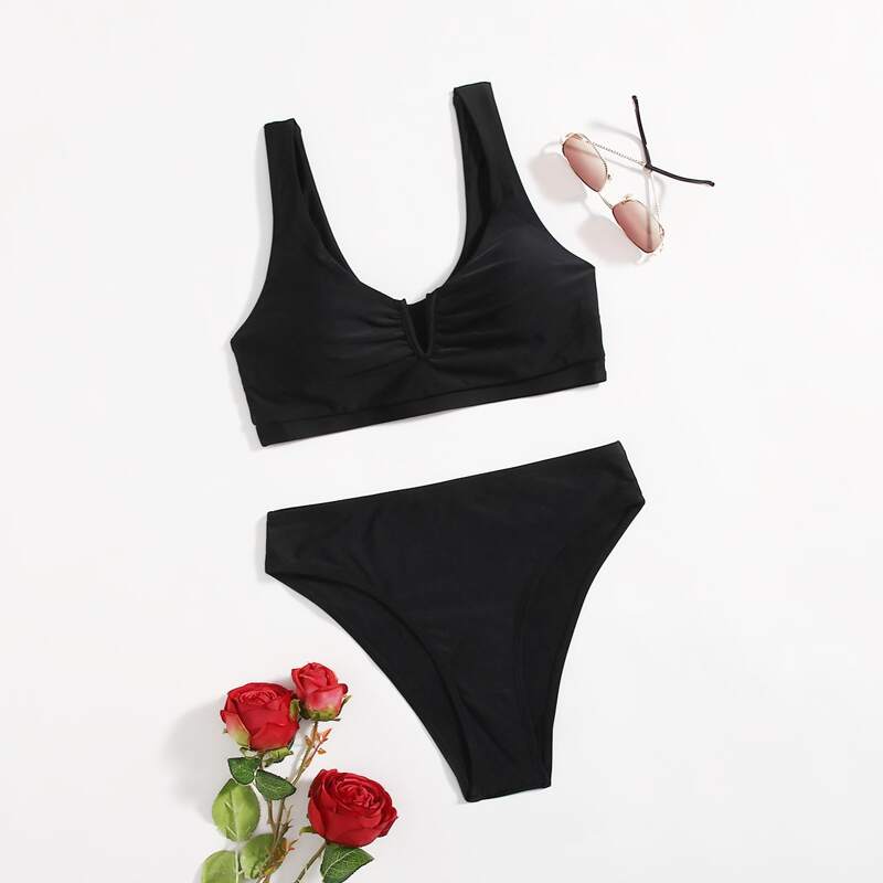 

Solid V Wired Bikini Swimsuit, Black