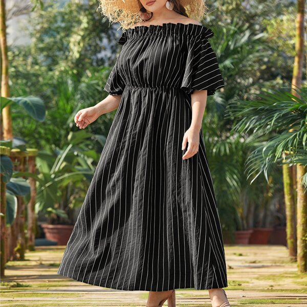 

Plus Off-shoulder Stripe Ruffle Trim Maxi Dress, Black