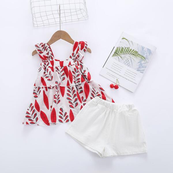 

Toddler Girls Plants Print Ruffle Top & Shorts, Red and white