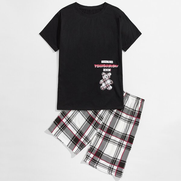 

Men Letter & Plaid Print PJ Set, Multicolor