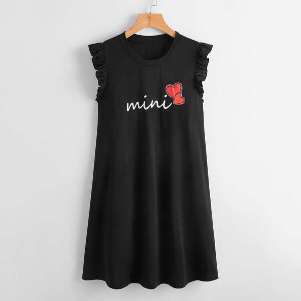 

Letter And Heart Print Ruffle Dress, Black