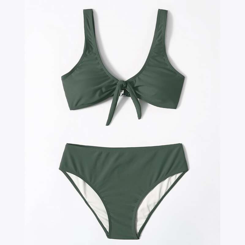 

Solid Knot Front Bikini Swimsuit, Army green