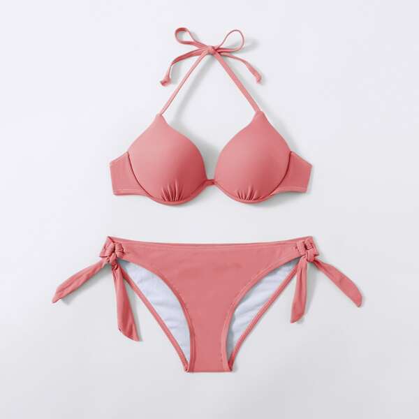 

Halter Push Up Tie Side Bikini Swimsuit, Orange