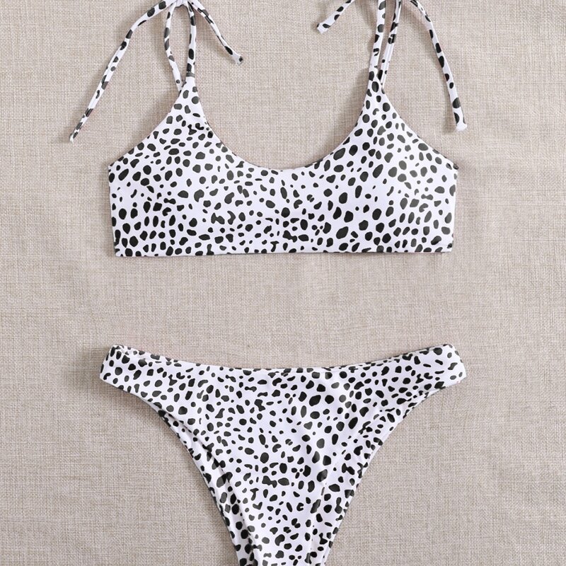 

Dalmatian Tie Shoulder Bikini Swimsuit, Black and white
