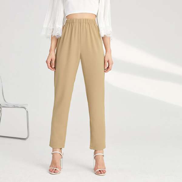 

Solid Elastic Waist Tapered Pants, Khaki