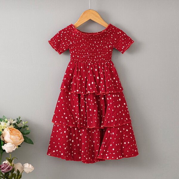 

Toddler Girls Polka Dot Shirred Layered Dress, Red