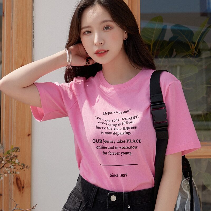 

Slogan Graphic Round Neck Tee, Pink