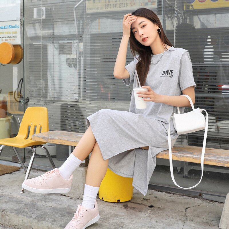 

Slogan Graphic Split Side Tee Dress, Grey