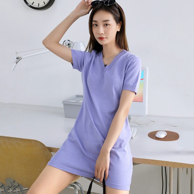 

Solid V-neck Knit Dress, Lilac purple