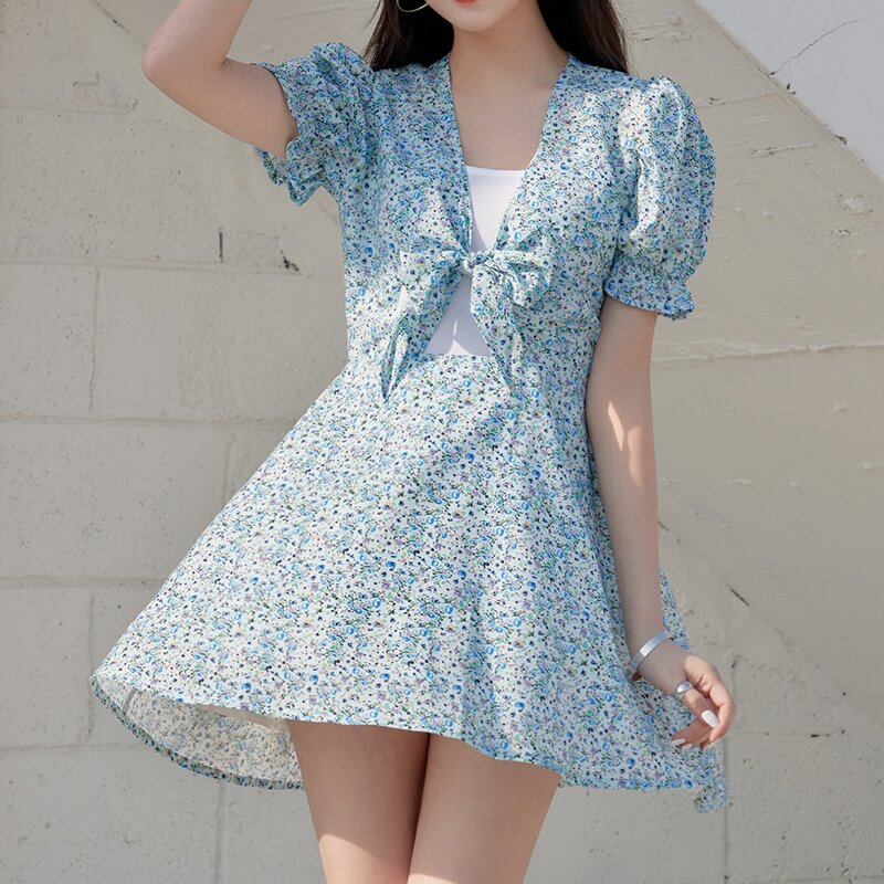 

Ditsy Floral Print Tie Front Dress Without Cami Top, Baby blue