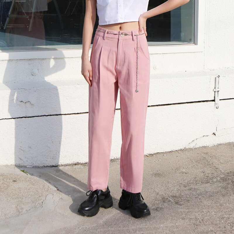 

Plicated Straight Leg Jeans Without Belt, Pink