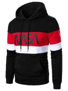 Manfinity Homme Męska bluza z kapturem i kieszenią z nadrukiem w bloki kolorów i długim rękawem, dla przyjaciół, męża, chłopaka, na jesień