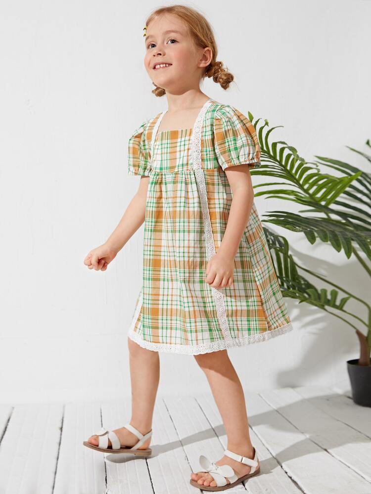 Toddler Girls Puff Sleeve Schiffy Trim Plaid Dress