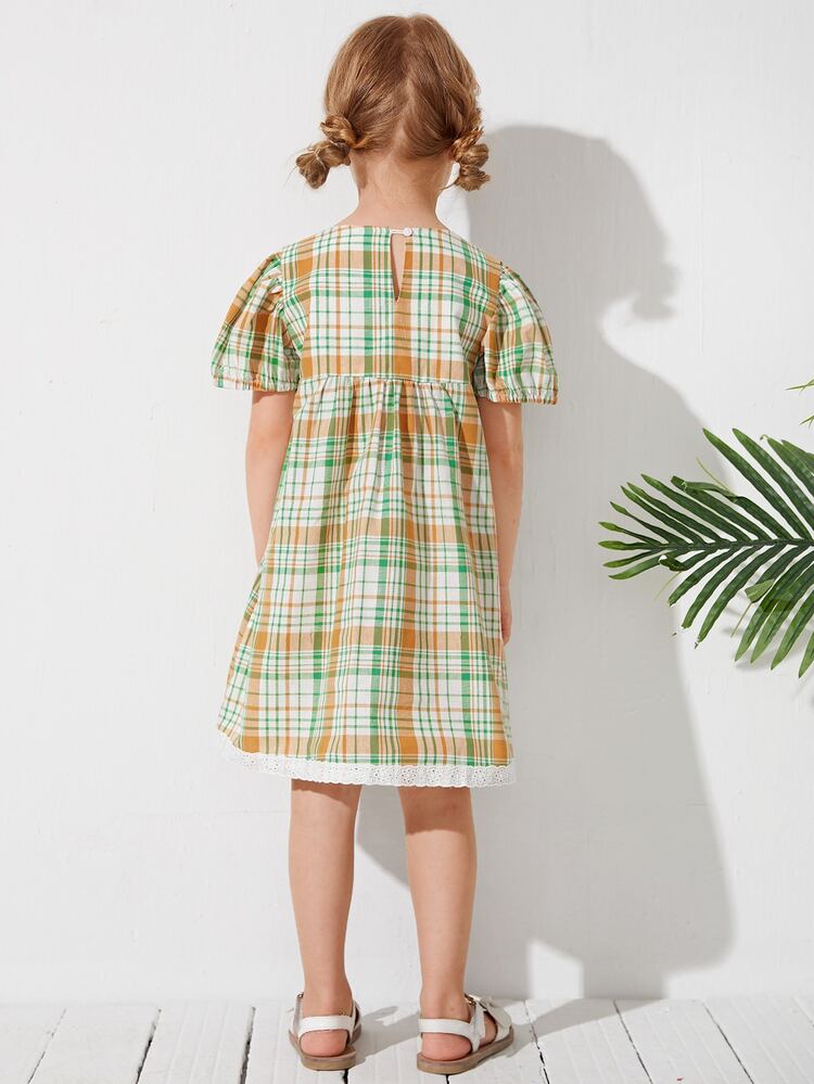 Toddler Girls Puff Sleeve Schiffy Trim Plaid Dress