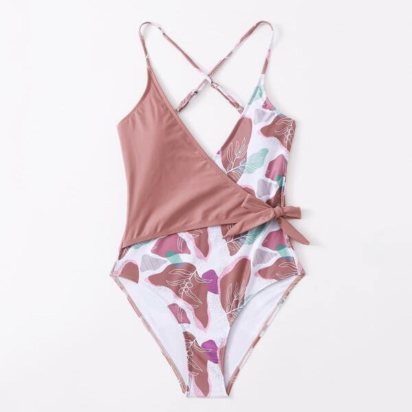 

Plant Print Knot Waist One Piece Swimsuit, Multicolor