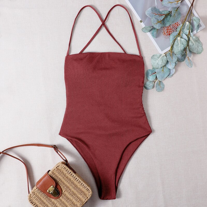 

Ribbed Tie Back One Piece Swimsuit, Burgundy