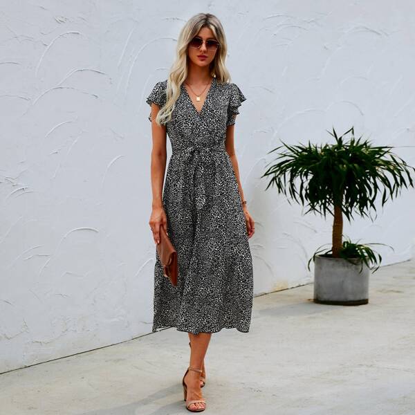 

Allover Print Surplice Front Belted Dress, Black and white