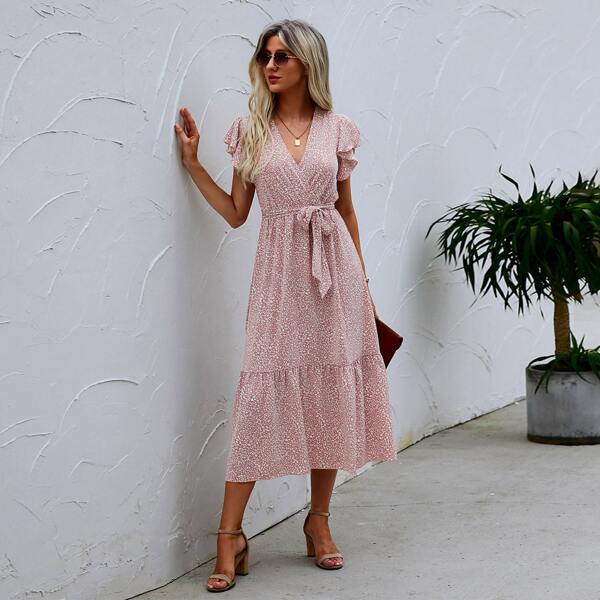 

Allover Print Surplice Front Belted Dress, Dusty pink