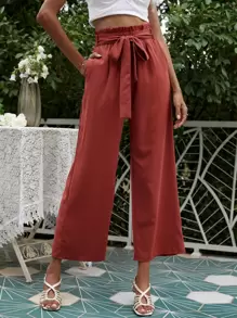 Pantalones de pierna ancha con volante sin cinturón - Naranja Quemada - Ver 1