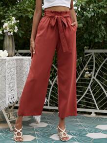 Pantalones de pierna ancha con volante sin cinturón - Naranja Quemada - Ver 3