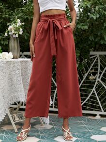 Pantalones de pierna ancha con volante sin cinturón - Naranja Quemada - Ver 4