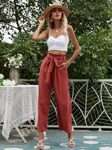 Pantalones de pierna ancha con volante sin cinturón - Naranja Quemada - Ver 5