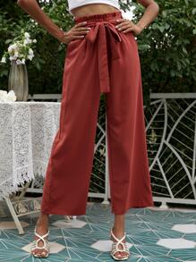 Pantalones de pierna ancha con volante sin cinturón - Naranja Quemada - Ver 6