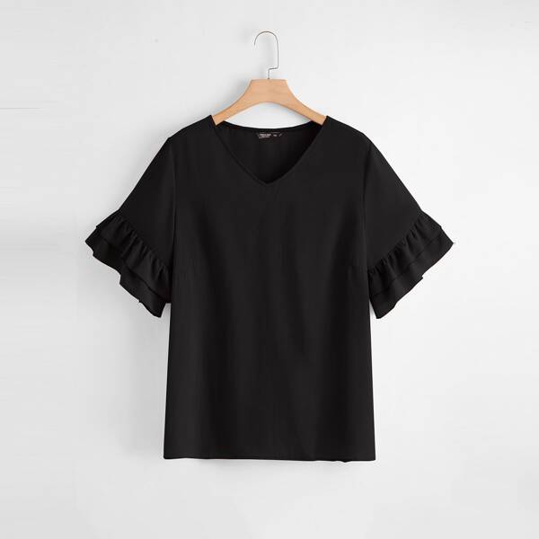 

Plus Solid Ruffle Layered Sleeve Blouse, Black