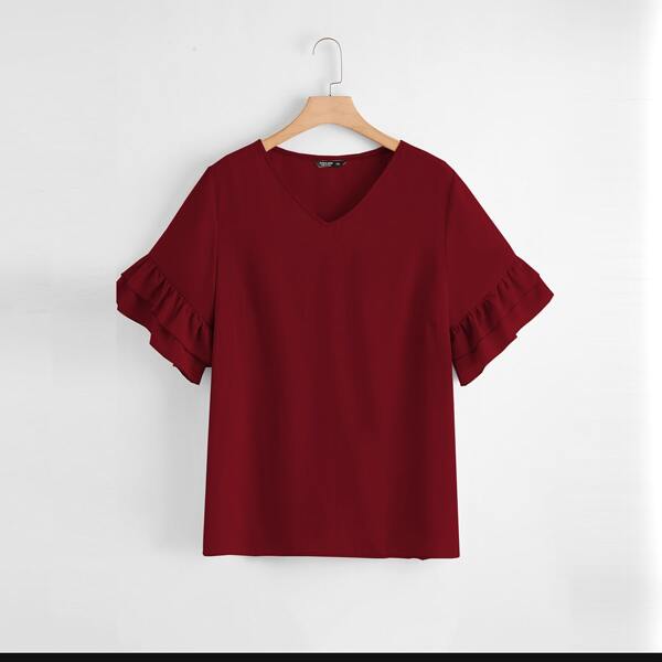 

Plus Solid Ruffle Layered Sleeve Blouse, Burgundy