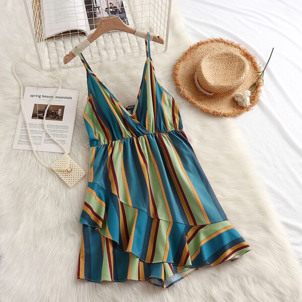 

Plus Colorful Stripe Ruffle Hem Cami Romper, Multicolor