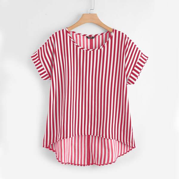 

Plus Striped High Low Hem Blouse, Red and white
