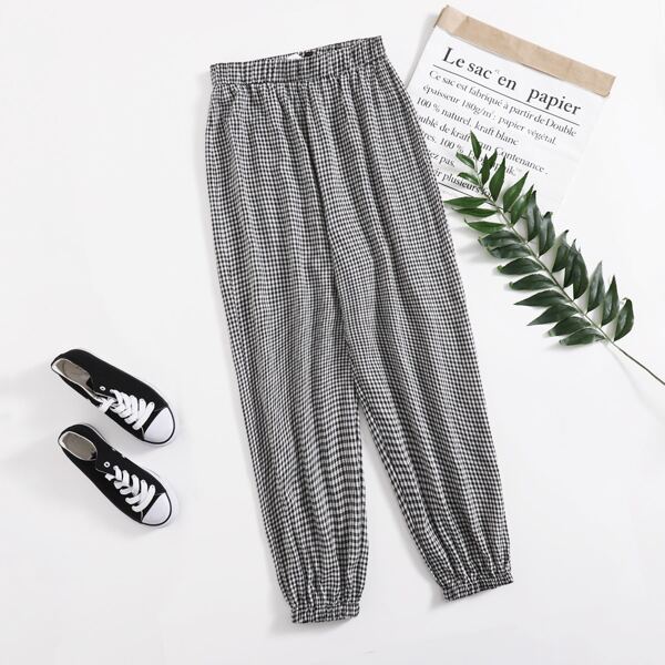 

Plus Gingham Elastic Waist Pants, Black and white
