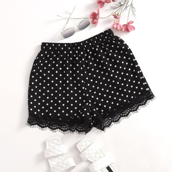 

Lace Hem Polka Dot Shorts, Black