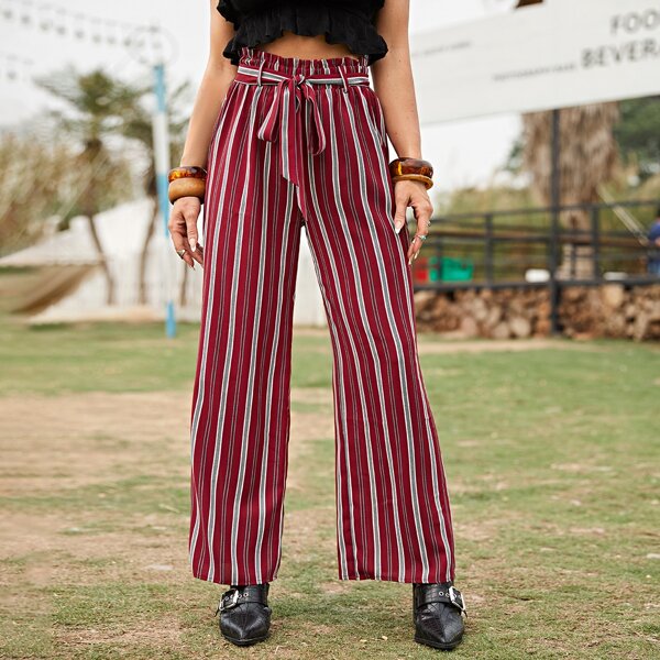 

Paperbag Waist Self Belted Striped Pants, Burgundy