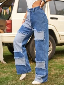 SHEIN ICON High Waist Patched Fringe Detail Jeans - Medium Wash - View 3