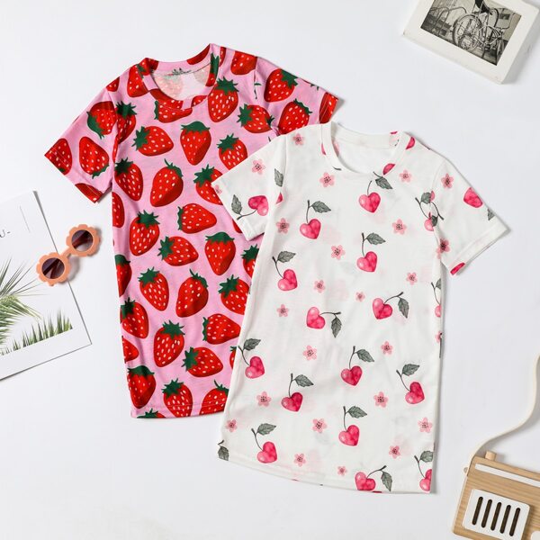 

Toddler Girls 2pcs Strawberry & Plants Print Tee Lounge Dress, Multicolor