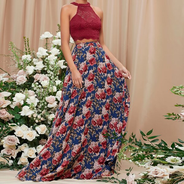 

Lace Crop Halter Top & Allover Floral Skirt Set, Multicolor