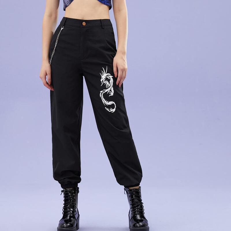 

Chinese Dragon Graphic Chain Joggers, Black