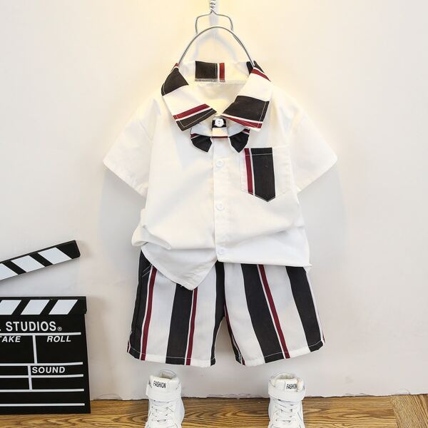 

Toddler Boys Contrast Collar Bow Shirt With Striped Shorts, Multicolor