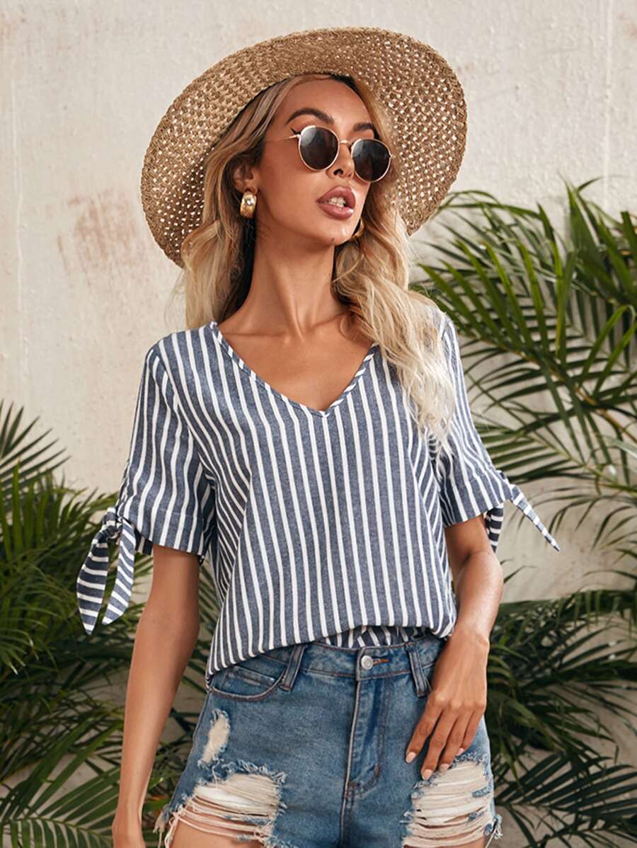 SHEIN Blusas Nudo A rayas Casual - Multicolor - Ver 1